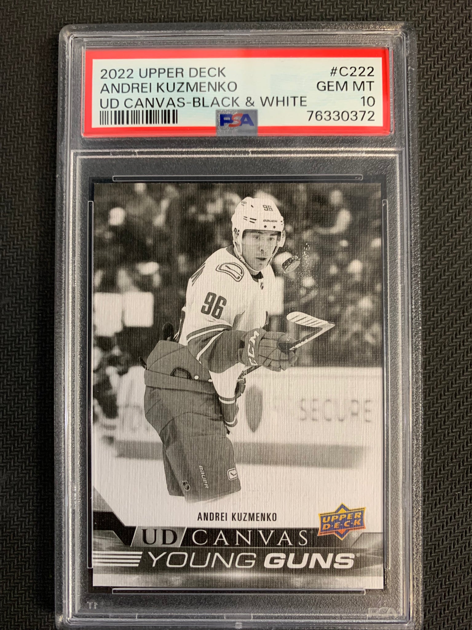 2022-23 UPPER DECK HOCKEY #C222 VANCOUVER CANUCKS - ANDREI KUZMENKO BLACK CANVAS YOUNG GUNS ROOKIE GRADED PSA 10 GEM MINT