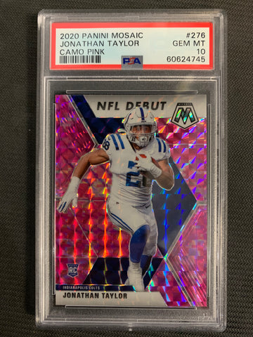 2020 PANINI MOSAIC FOOTBALL #276 INDIANAPOLIS COLTS - JONATHAN TAYLOR PINK CAMO PARALLEL ROOKIE GRADED PSA 10 GEM MINT