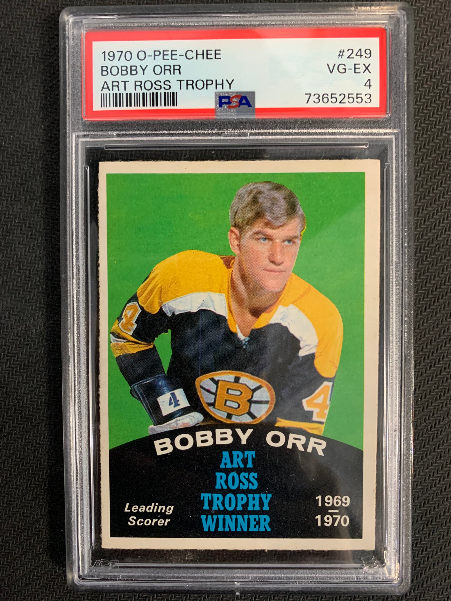 1970-71 O-PEE-CHEE HOCKEY #249 BOSTON BRUINS - BOBBY ORR ART ROSS TROPHY CARD GRADED PSA 4 VG-EX