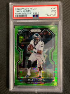 2020 PANINI PRIZM FOOTBALL #343 PHILADELPHIA EAGLES -JALEN HURTS NEON GREEN PULSAR ROOKIE GRADED PSA 9 MINT