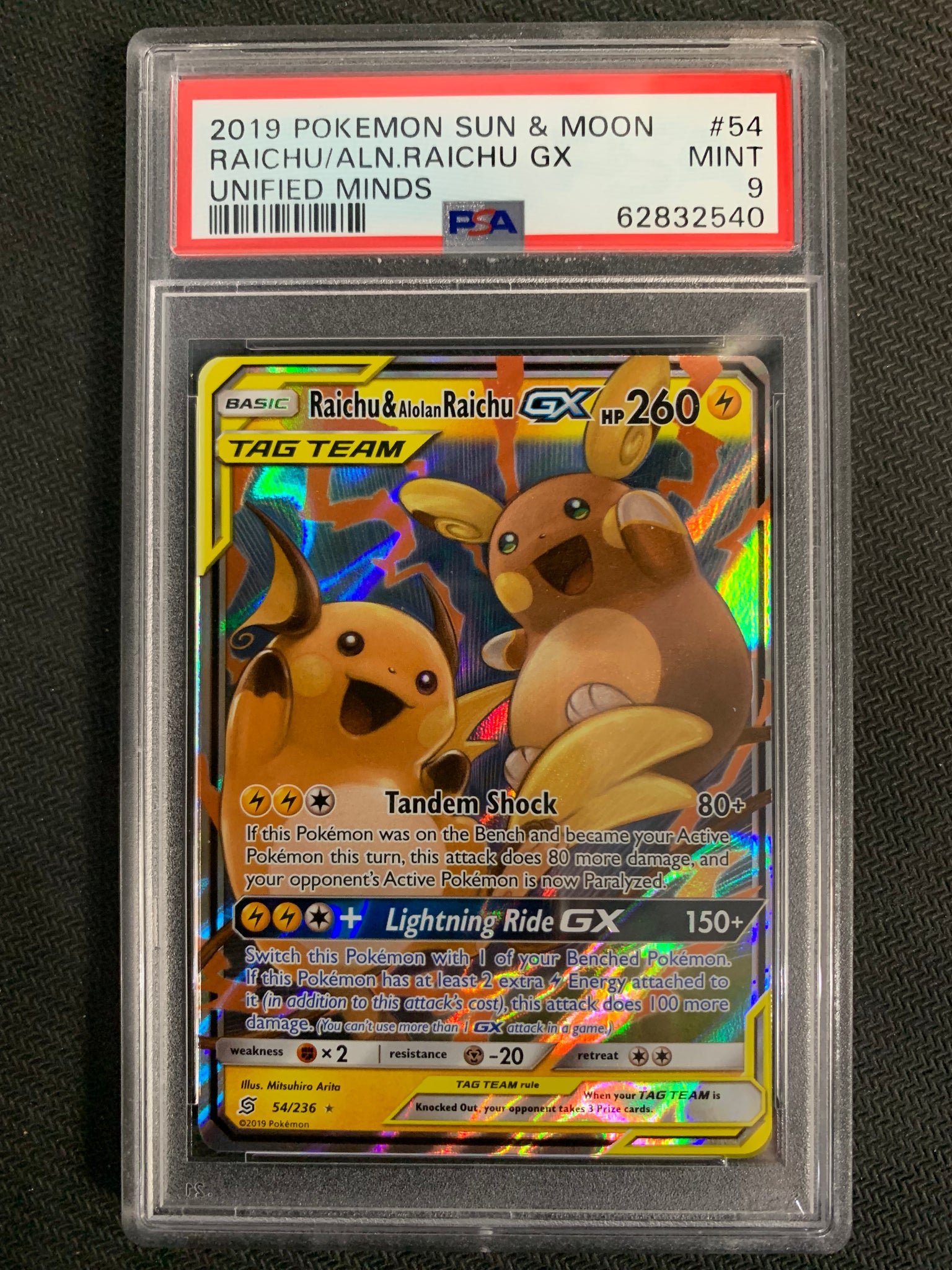 2019 POKEMON SUN & MOON UNIFIED MINDS RAICHU & ALOLAN RAICHU GX ULTRA RARE 54/236 - GRADED PSA 9 MINT