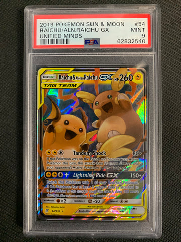 2019 POKEMON SUN & MOON UNIFIED MINDS RAICHU & ALOLAN RAICHU GX ULTRA RARE 54/236 - GRADED PSA 9 MINT