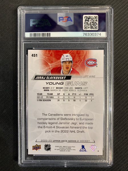 2022-23 UPPER DECK HOCKEY #451 MONTREAL CANADIENS  -JURAJ SLAFKOVSKY YOUNG GUNS ROOKIE GRADED PSA 10 GEM MINT