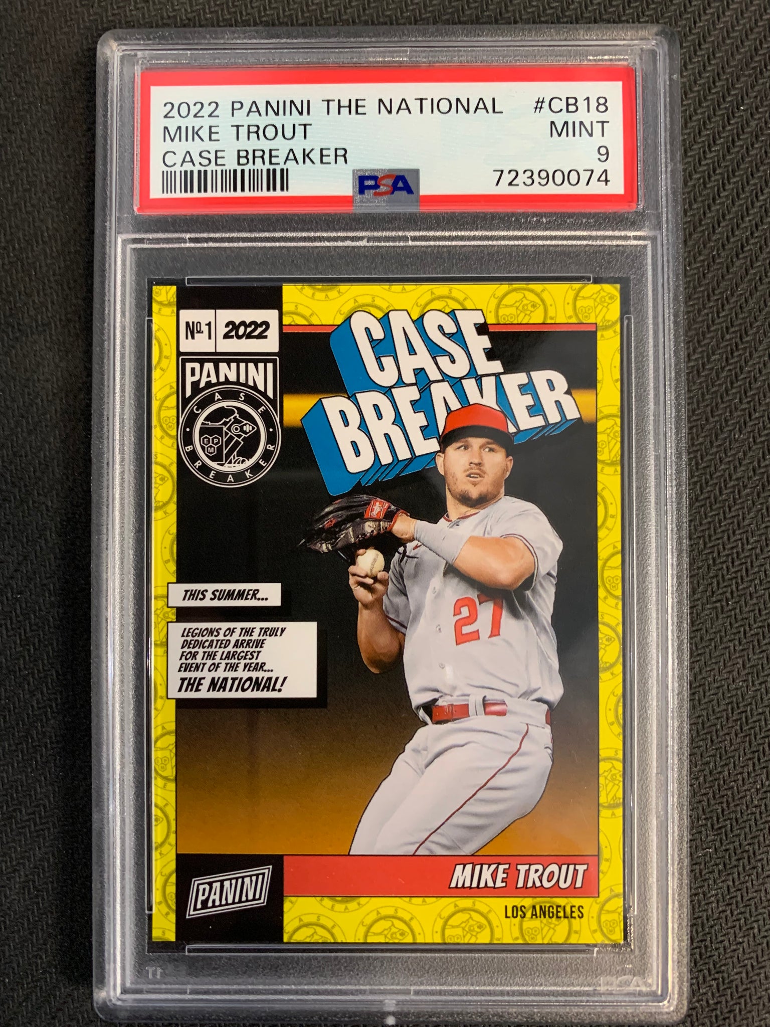 2022 PANINI "THE NATIONAL" #CB18 LOS ANGELES ANGELS - MIKE TROUT CASE BREAKER NUMBERED 129/199 GRADED PSA 9 MINT