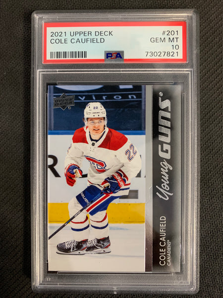 2021-22 UPPER DECK S1 HOCKEY #201 MONTREAL CANADIENS - COLE CAUFIELD YOUNG GUNS ROOKIE CARD GRADED PSA 10 GEM MINT
