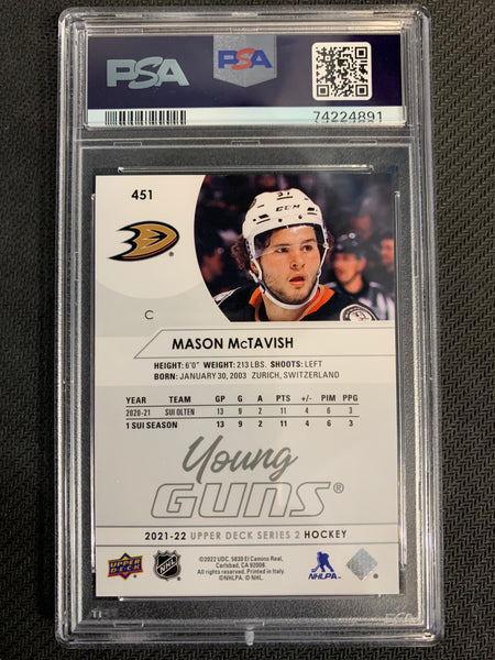 2021-22 UPPER DECK S2 HOCKEY #451 ANAHEIM DUCKS - MASON MCTAVISH YOUNG GUNS ROOKIE CARD GRADED PSA 10 GEM MINT