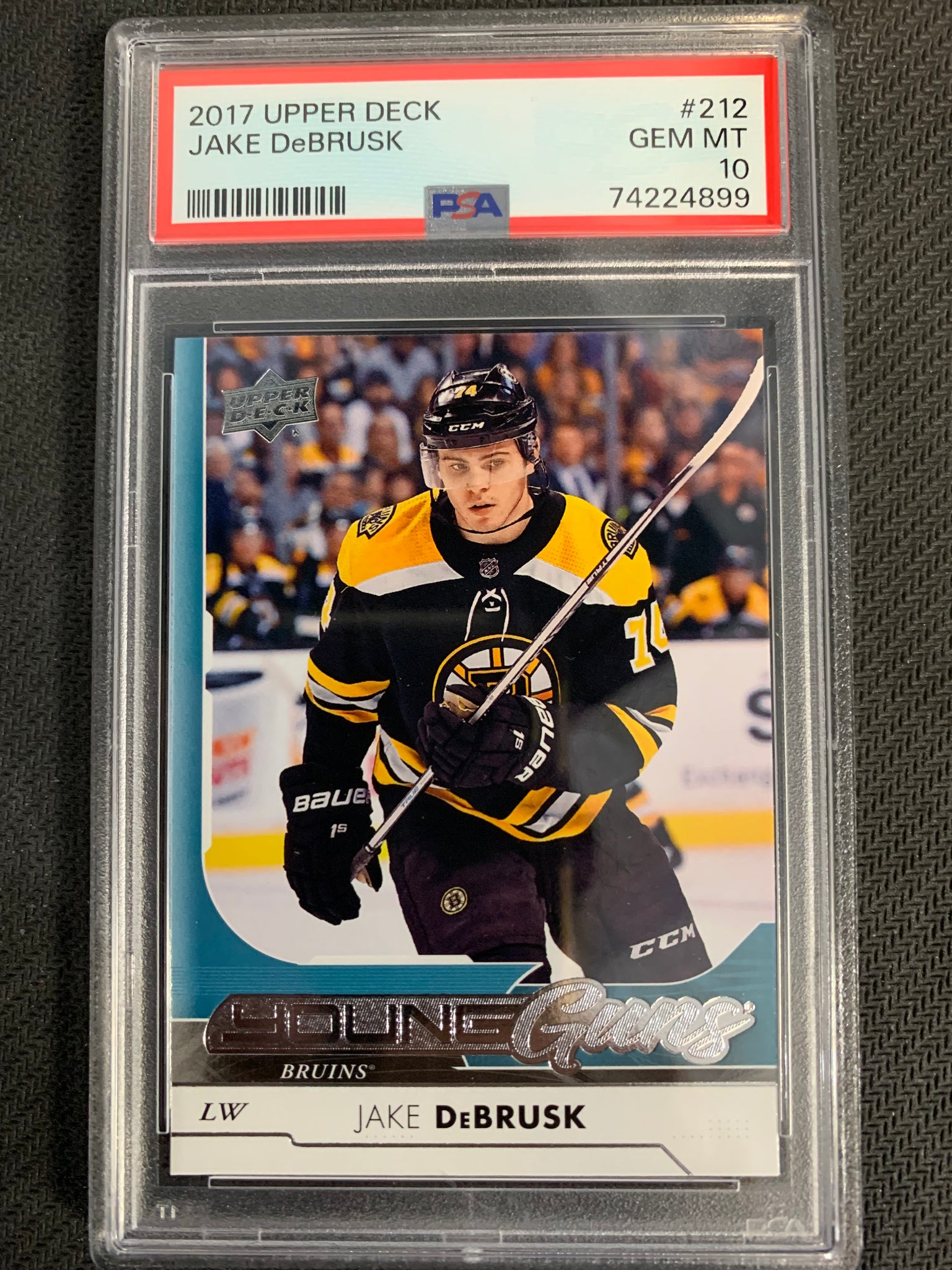 2017-18 UPPER DECK HOCKEY #212 BOSTON BRUINS - JAKE DEBRUSK YOUNG GUNS ROOKIE CARD GRADED PSA 10 GEM MINT