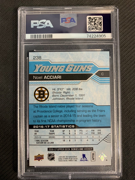 2016-17 UPPER DECK HOCKEY #238 BOSTON BRUINS - NOEL ACCIARI YOUNG GUNS ROOKIE CARD GRADED PSA 10 GEM MINT