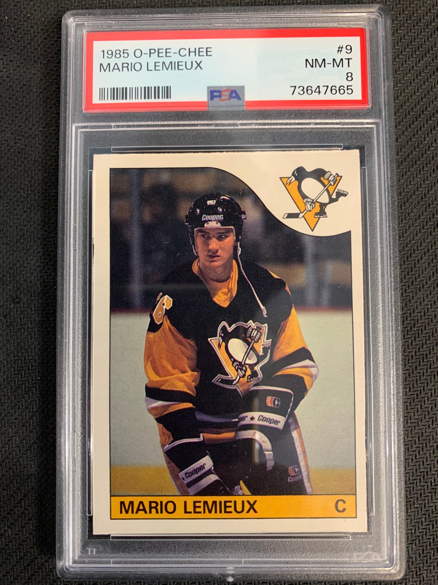 1985-86 O-PEE-CHEE HOCKEY #9 PITTSBURGH PENGUINS - MARIO LEMIEUX ROOKIE CARD GRADED PSA 8 NM-MT
