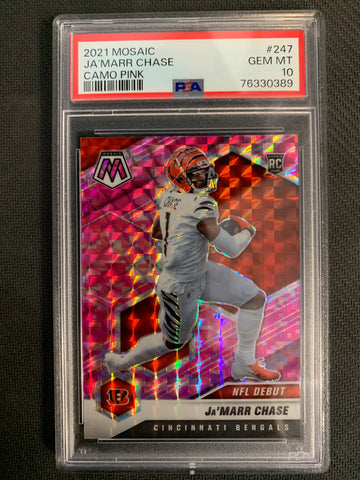 2021 PANINI MOSAIC FOOTBALL #247 CINCINNATI BENGALS - JA'MARR CHASE PINK CAMO ROOKIE GRADED PSA 10 GEM MINT