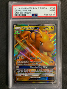 2019 POKEMON SUN & MOON UNIFIED MINDS DRAGONITE GX ULTRA RARE 152/236 - GRADED PSA 9 MINT