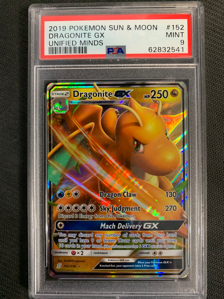 2019 POKEMON SUN & MOON UNIFIED MINDS DRAGONITE GX ULTRA RARE 152/236 - GRADED PSA 9 MINT