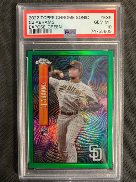2022 TOPPS CHROME SONIC BASEBALL #EX-5 SAN DIEGO PADRES - CJ ABRAMS EXPOSE-GREEN ROOKIE CARD 44/99 GRADED PSA 10 GEM MINT