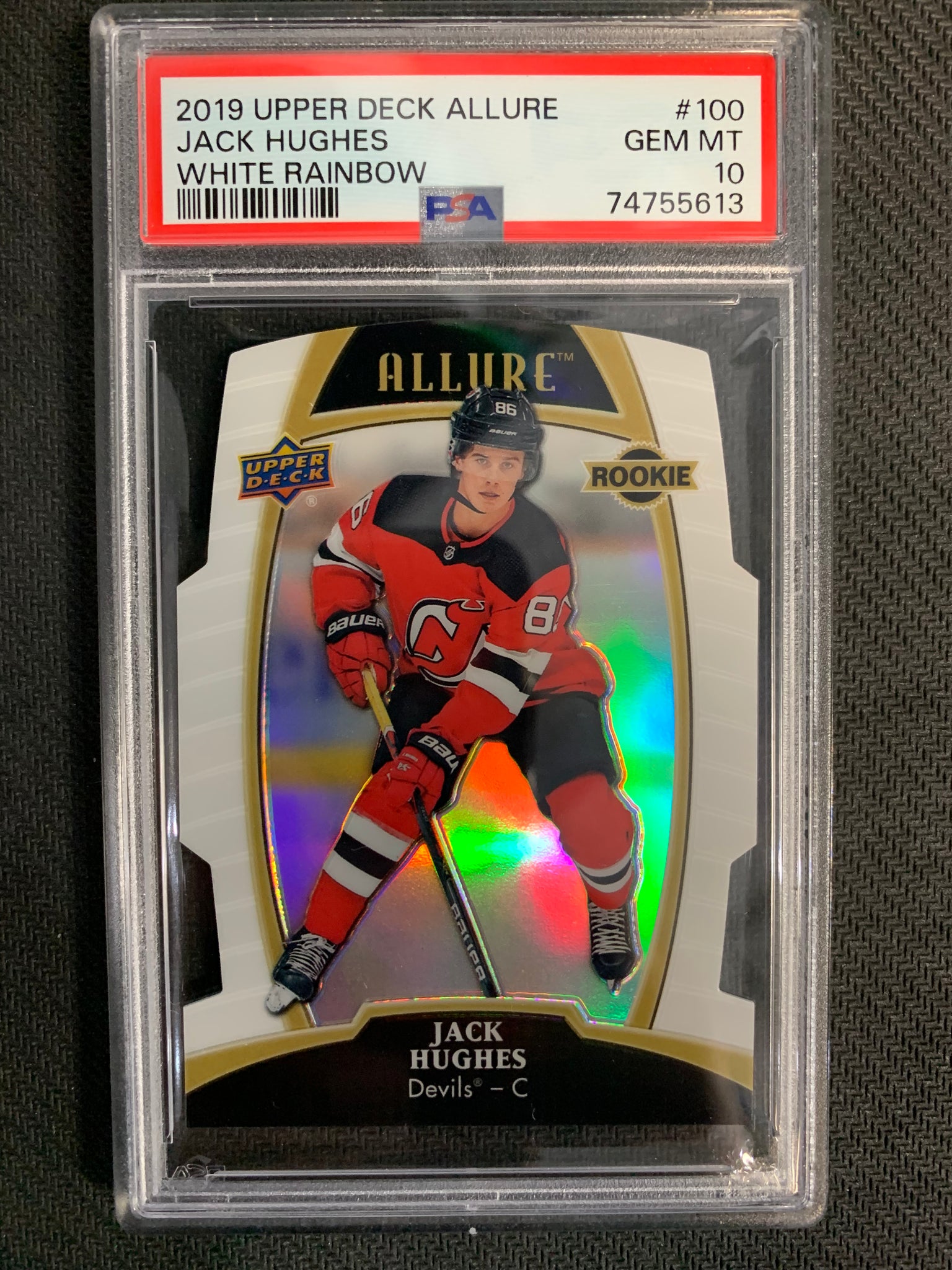 2019-20 UPPER DECK ALLURE HOCKEY #100 NEW JERSEY DEVILS - JACK HUGHES YOUNG WHITE RAINBOW PARALLEL ROOKIE CARD GRADED PSA 10 GEM MINT