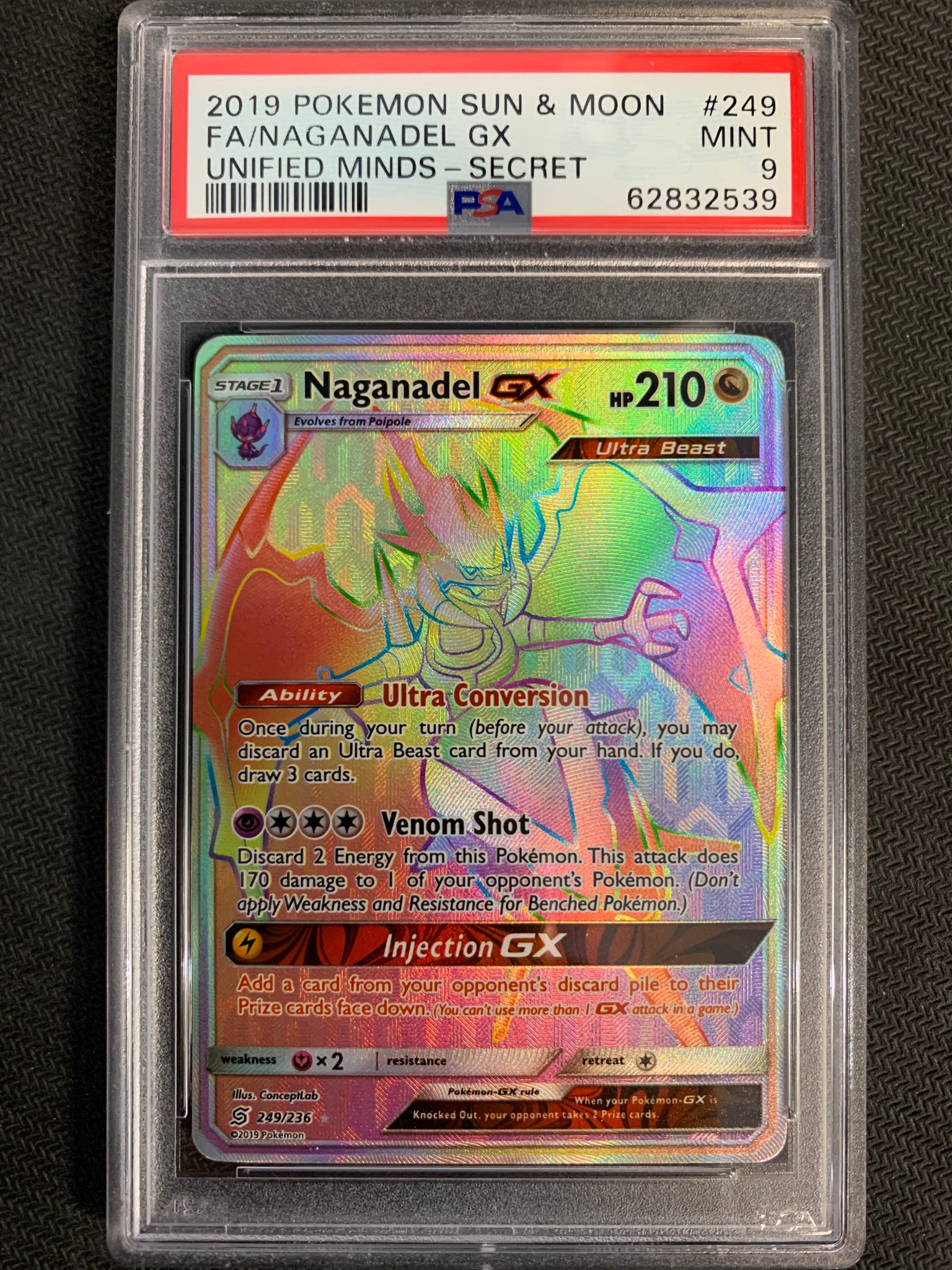 2019 POKEMON SUN & MOON UNIFIED MINDS NAGANADEL GX SECRET RARE 249/236 - GRADED PSA 9 MINT