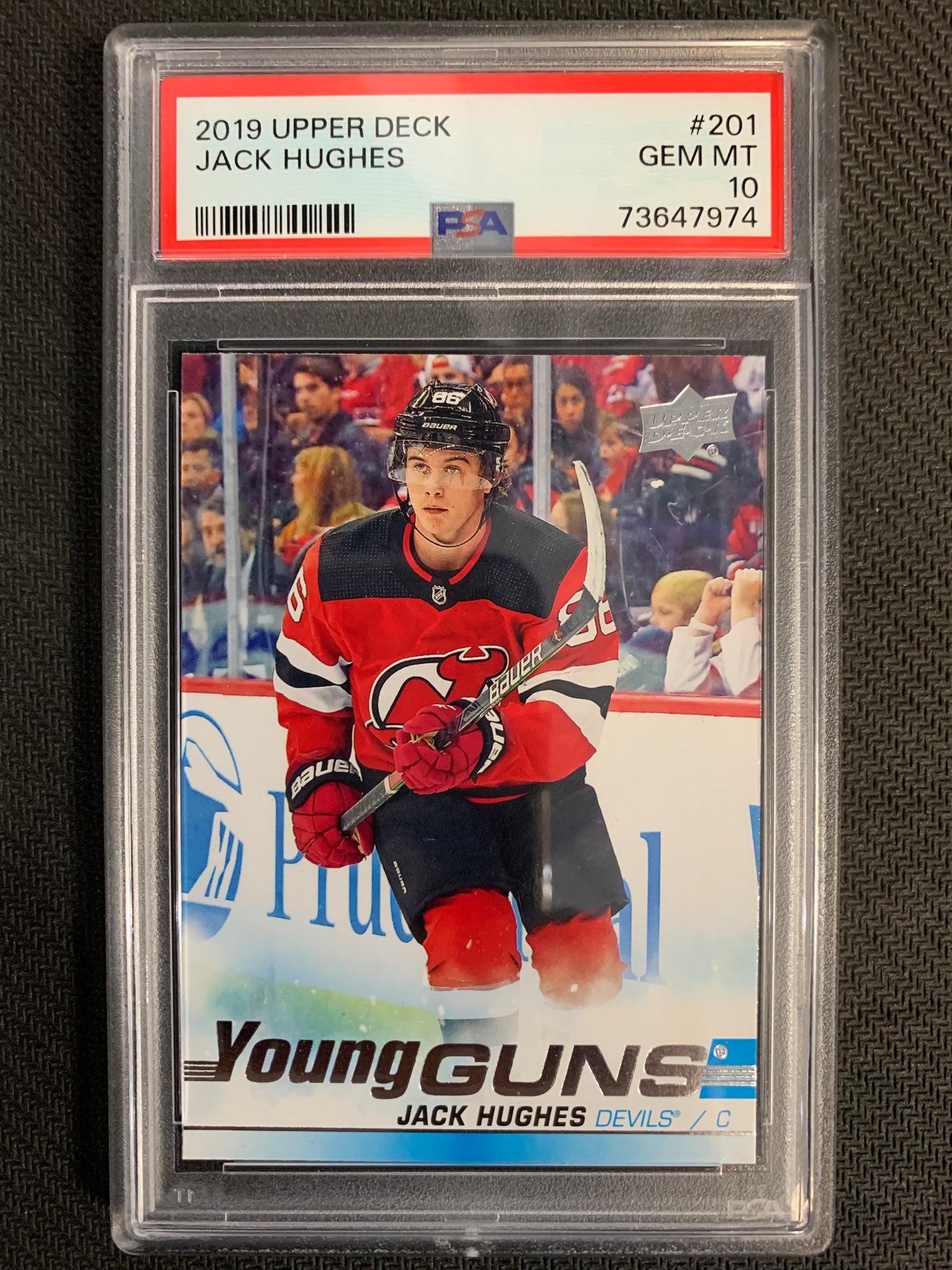 2019-20 UPPER DECK HOCKEY #201 NEW JERSEY DEVILS - JACK HUGHES YOUNG GUNS ROOKIE CARD GRADED PSA 10 GEM MINT