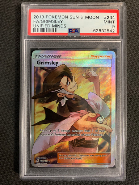 2019 POKEMON SUN & MOON UNIFIED MINDS GRIMSLEY FULL ART TRAINER 234/236 - GRADED PSA 9 MINT