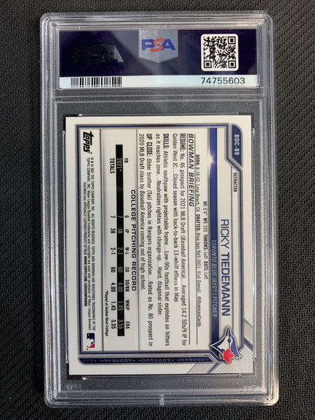 2021 BOWMAN DRAFT BASEBALL #BDC-89 TORONTO BLUE JAYS - RICKY TIEDEMANN BOWMAN 1ST REFRACTOR GRADED PSA 10 GEM MINT