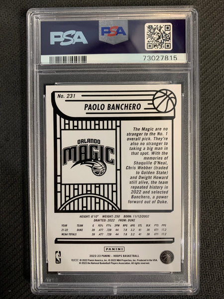 2022 PANINI NBA HOOPS BASKETBALL #231 ORLANDO MAGIC - PAOLO BANCHERO ROOKIE GRADED PSA 10 GEM MINT