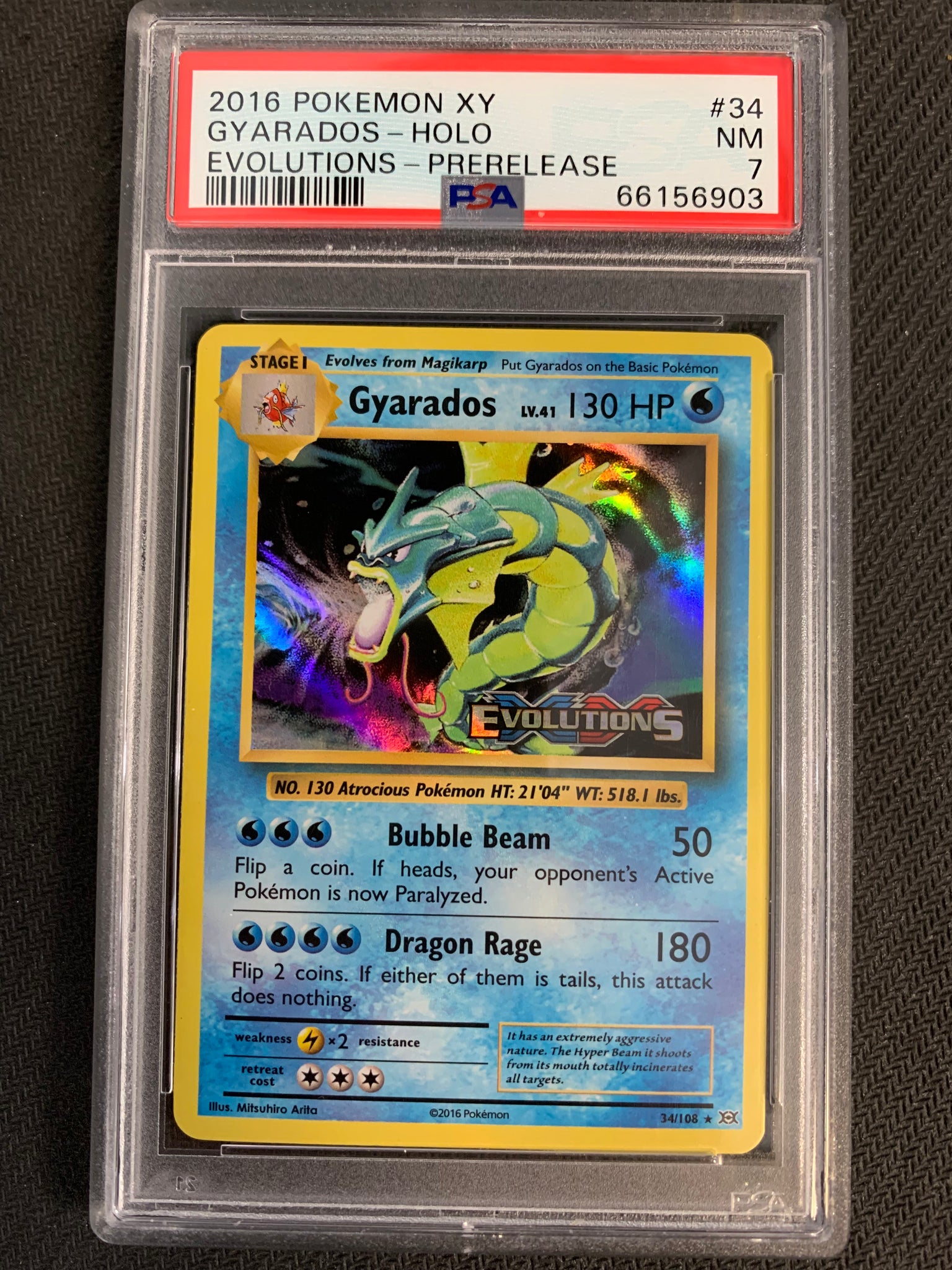 2016 POKEMON XY EVOLUTIONS PRE-RELEASE GYARADOS HOLO RARE - #34 GRADED PSA 7 NM