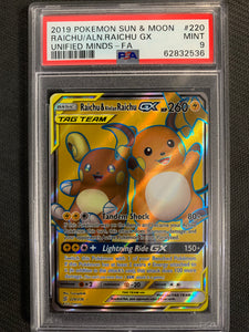 2019 POKEMON SUN & MOON UNIFIED MINDS RAICHU & ALOLAN RAICHU GX FULL ART RARE 220/236 - GRADED PSA 9 MINT