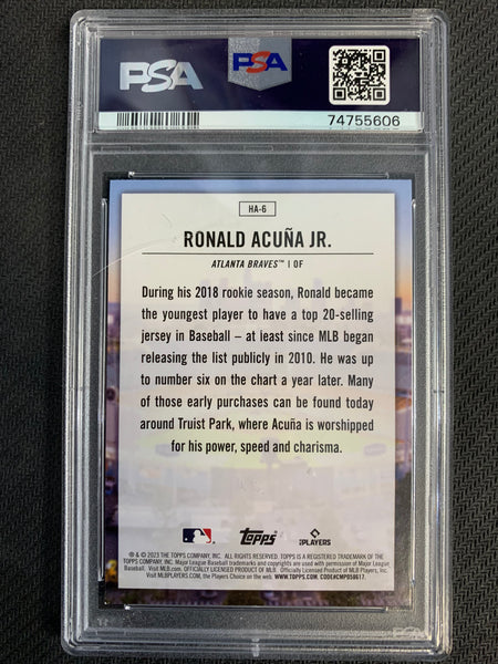 2023 TOPPS SERIES 1 BASEBALL #HA-6 ATLANTA BRAVES - RONALD ACUNA JR HOME FIELD ADVANTAGE SP GRADED PSA 9 MINT