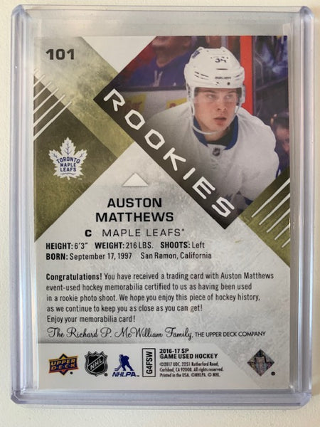 2016-17 UPPER DECK SP GAME USED HOCKEY #101 TORONTO MAPLE LEAFS - AUSTON MATTHEWS AUTHENTIC ROOKIES JERSEY ROOKIE CARD 340/399