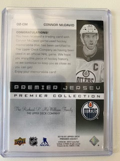 2019-20 UPPER DECK PREMIER COLLECTION HOCKEY #02-CM EDMONTON OILERS - CONNOR MCDAVID PREMIER JERSEY CARD 11/49