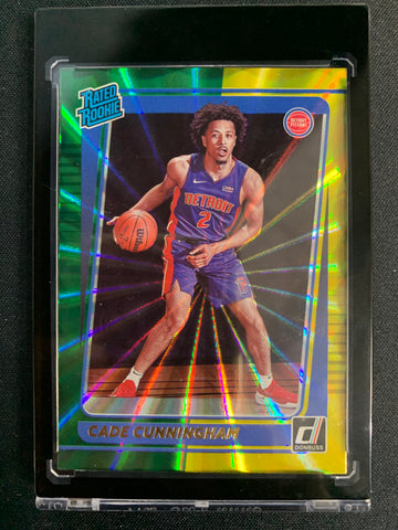 2021-22 PANINI DONRUSS BASKETBALL #211 DETROIT PISTONS - CADE CUNNINGHAM GREEN & YELLOW LASER HOLO ROOKIE CARD