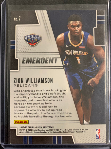 2019-20 PANINI PRIZM BASKETBALL #7 NEW ORLEANS PELICANS - ZION WILLIAMSON EMERGENT INSERT ROOKIE CARD