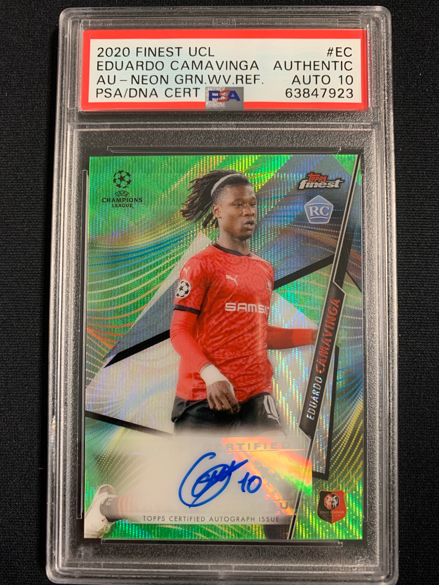 2020 TOPPS FINEST UEFA CHAMPIONS LEAGUE SOCCER #EC - EDUARDO CAMAVINGA NEON GREEN AUTO ROOKIE CARD NUMBERED 48/99 GRADED PSA AUTHENTIC 10 AUTO