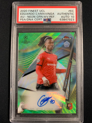 2020 TOPPS FINEST UEFA CHAMPIONS LEAGUE SOCCER #EC - EDUARDO CAMAVINGA NEON GREEN AUTO ROOKIE CARD NUMBERED 48/99 GRADED PSA AUTHENTIC 10 AUTO