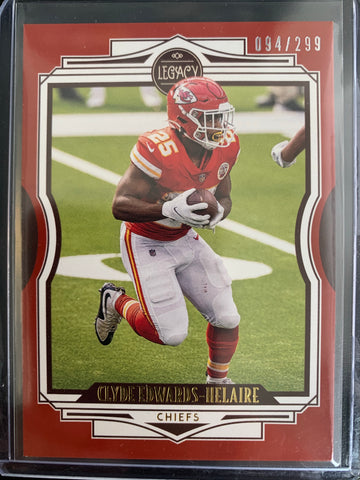 2021 PANINI LEGACY FOOTBALL #94 KANSAS CITY CHIEFS - CLYDE EDWARDS-HELAIRE RED PARALLEL CARD NUMBERED 094/299