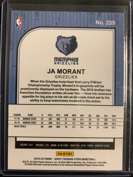 2019-20 PANINI NBA HOOPS PREMIUM STOCK BASKETBALL #259 MEMPHIS GRIZZLIES - JA MORANT BASE ROOKIE CARD