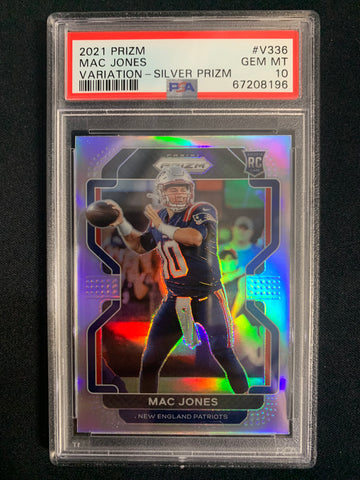 2021 PANINI PRIZM FOOTBALL #V336 NEW ENGLAND PATRIOTS - MAC JONES SILVER VARIATION PRIZM ROOKIE CARD GRADED PSA 10 GEM MINT