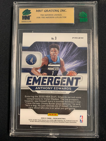 2020-2021 PANINI PRIZM NBA BASKETBALL #3 MINNESOTA TIMERWOLVES - ANTHONY EDWARDS EMERGENT GREEN ROOKIE CARD GRADED MNT 9.5 GEM MINT