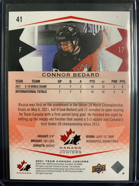 2021 UPPER DECK TEAM CANADA JUNIORS HOCKEY #41 - CONNOR BEDARD EXCLUSIVES RED PARALLEL NUMBERED 084/250