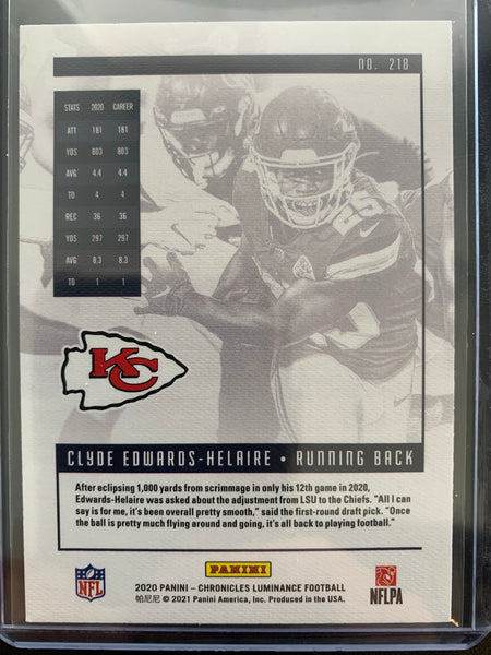 2020 PANINI CHRONICLES LUMINANCE FOOTBALL #218 KANSAS CITY CHIEFS - CLYDE EDWARDS-HELAIRE ROOKIE CARD