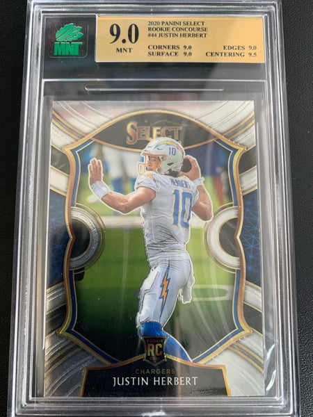 2020 PANINI SELECT FOOTBALL #44 LOS ANGELES CHARGERS - JUSTIN HERBERT ROOKIE CARD CONCOURSE LEVEL GRADED MNT 9.0 MINT
