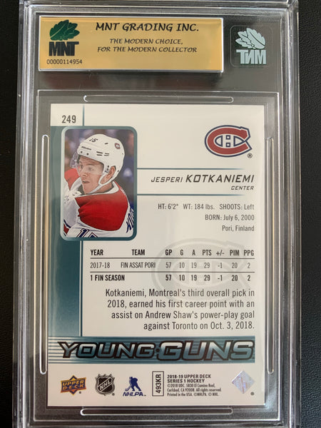 2018-19 UPPER DECK HOCKEY #249 MONTREAL CANADIENS - JESPERI KOTKANIEM YOUNG GUNS ROOKIE CARD GRADED MNT 9.0 MINT