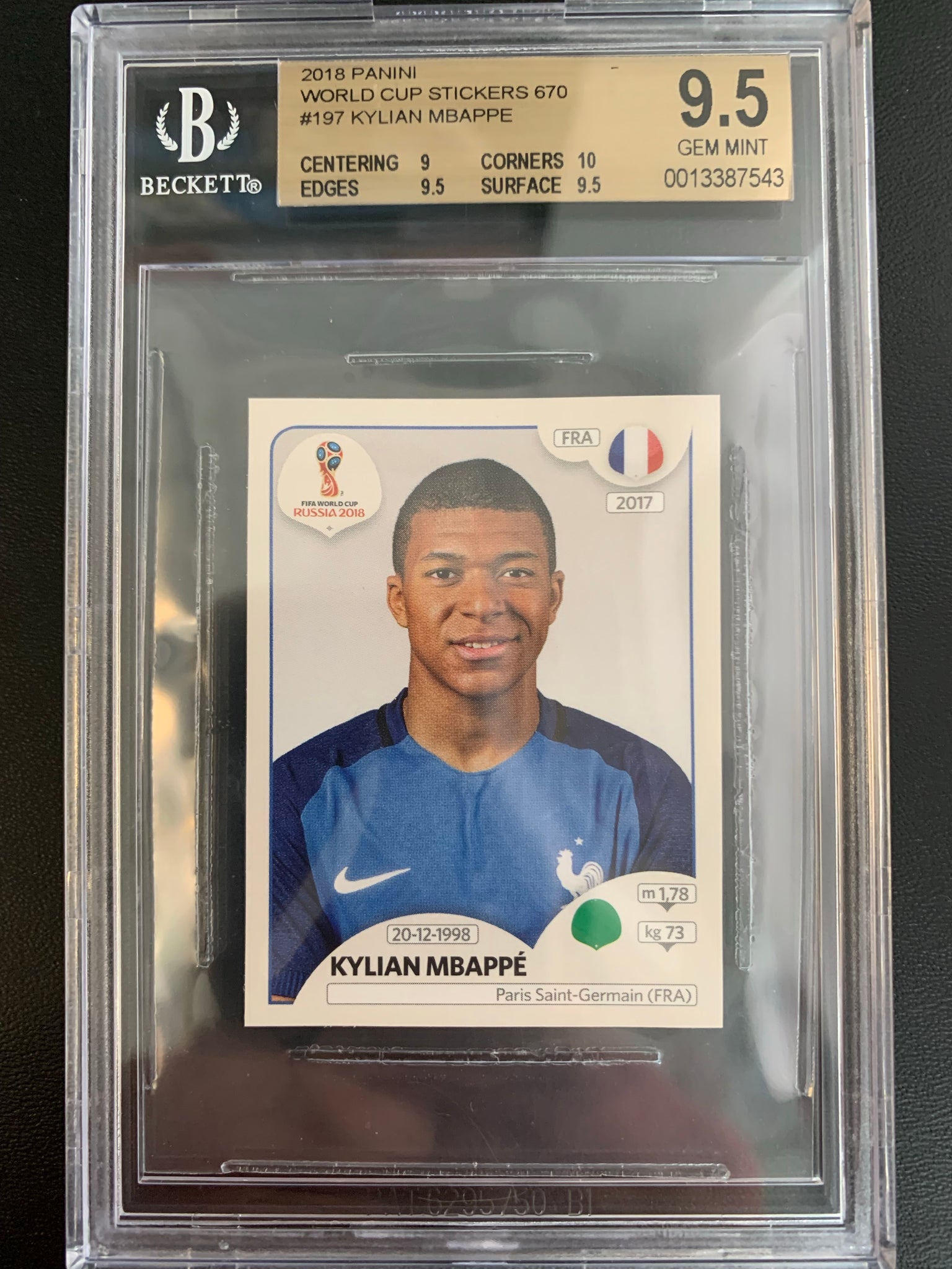 2018 PANINI WORLD CUP STICKERS 670 SOCCER #197 KYLIAN MBAPPE ROOKIE STICKER PINK BACK SP GRADED BGS 9.5 GEM MINT