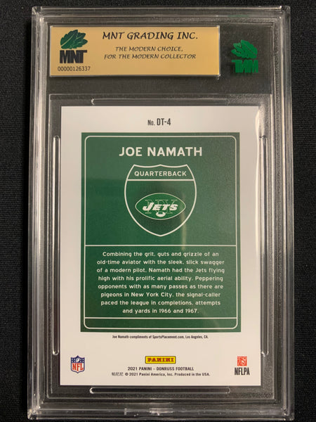 2021 PANINI DONRUSS NFL FOOTBALL #DT-4 NEW YORK JETS - JOE NAMATH DOWNTOWN SP GRADED MNT 9.5 GEM MINT