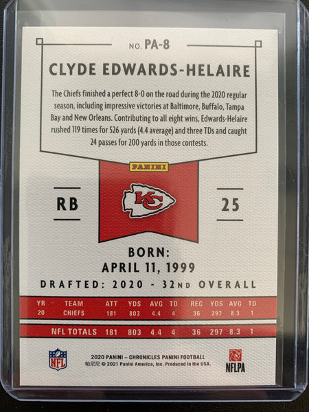 2020 PANINI CHRONICLES PANINI FOOTBALL #PA-8 KANSAS CITY CHIEFS - CLYDE EDWARDS-HELAIRE ROOKIE CARD