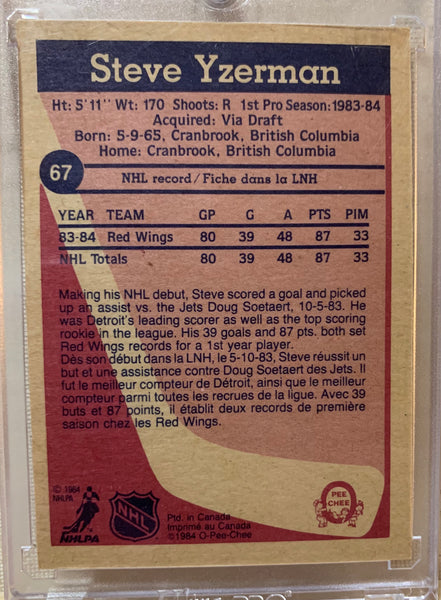 1984-85 O-PEE-CHEE HOCKEY #67 DETROIT RED WINGS - STEVE YZERMAN ROOKIE CARD RAW