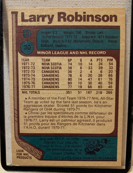 1977-78 O-PEE-CHEE HOCKEY #30 MONTREAL CANADIENS - LARRY ROBINSON ALL-STAR CARD RAW