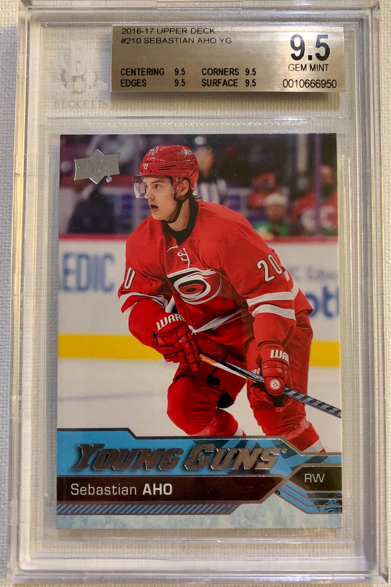 2016-17 UPPER DECK HOCKEY #210 CAROLINA HURRICANES - SEBASTIAN AHO  ROOKIE CARD GRADED BGS 9.5 GEM MINT