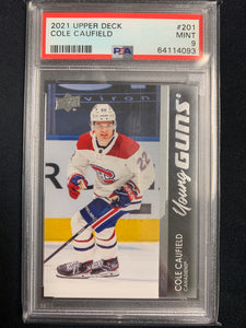 2021-22 UPPER DECK S1 HOCKEY #201 MONTREAL CANADIENS - COLE CAUFIELD YOUNG GUNS ROOKIE CARD GRADED PSA 9 MINT