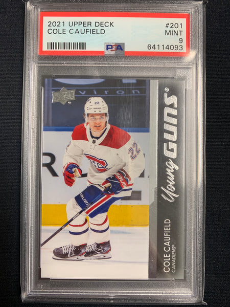2021-22 UPPER DECK S1 HOCKEY #201 MONTREAL CANADIENS - COLE CAUFIELD YOUNG GUNS ROOKIE CARD GRADED PSA 9 MINT
