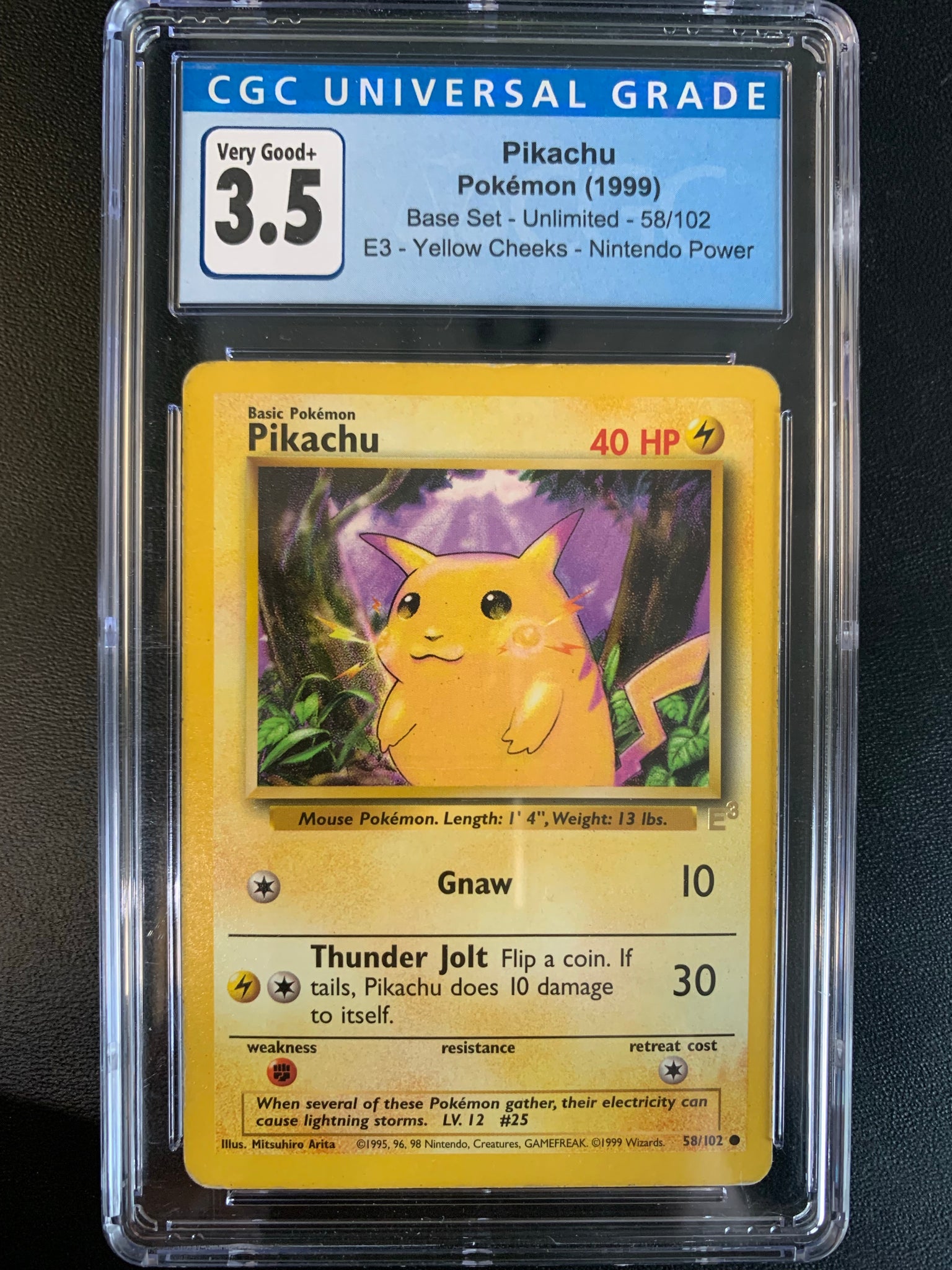 1999 POKEMON ORIGINAL BASE SET UNLIMITED WOTC PIKACHU 58/102 E3 GOLD STAMP PROMO - GRADED CGC 3.5 VERY GOOD