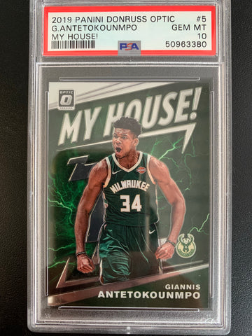 2019 PANINI DONRUSS OPTIC NBA BASKETBALL #5 MILWAUKEE BUCKS - GIANNIS ANTETOKOUNMPO "MY HOUSE" GRADED PSA 10 GEM MINT